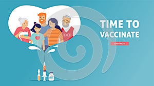 Family Vaccination concept design. Time to vaccinate banner - syringe with vaccine for COVID-19, flu or influenza and a