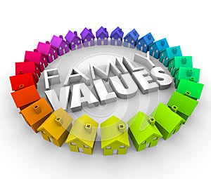 Family Values 3d Words Homes Houses Circle Ethics Morals