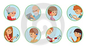 Family vector illustration flat style people faces online social media communications. Man woman parents grandparents with tablet