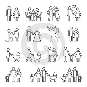 Family vector thin line icons set in black and white