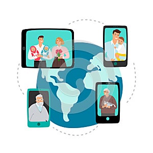 Family video chat. Global network communication vector concept