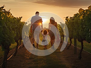 family on vineyard at sunset. Father, mother and child walking in vineyard.