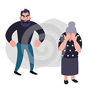 Family violence and aggression concept. Aggressive man scream at a scared elderly woman. Senior female crying covering her face.