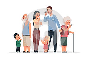 Family with virus. Coronavirus disease symptoms and prevention, cartoon young and old characters coughing and sneezing