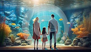 family visiting marine aquariums