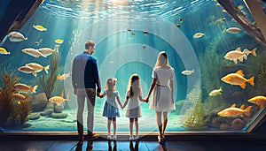 family visiting marine aquariums