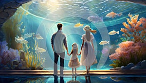 family visiting marine aquariums