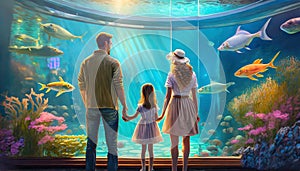 family visiting marine aquariums photo