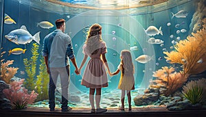 family visiting marine aquariums photo
