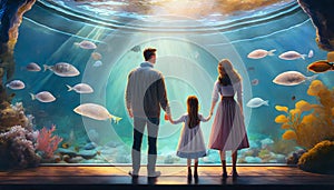 family visiting marine aquariums photo