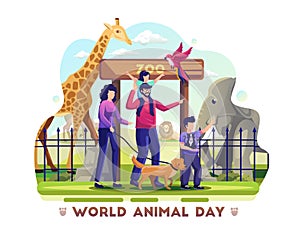 The Family visits the zoo to celebrate world animal day. animal shelter, a wildlife sanctuary. Flat Vector Illustration