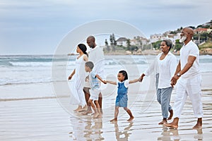 Family walk on beach, holding hands and generations, tropical vacation in Mexico, travel and trust outdoor. Grandparents