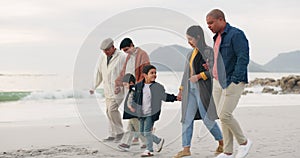 Family, walk on beach sand and holding hands, generations and travel with ocean, trust and bonding outdoor. Winter