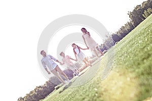 Family walk. Family of four walking on grassy field communicatin