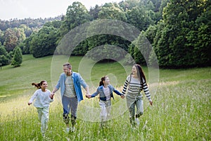 Family on walk in forest, going through meadow. Picking mushrooms, herbs, flowers picking in basket, foraging. Concept