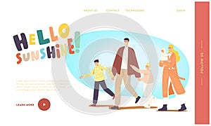 Family Walk Landing Page Template. Characters Walking at Spring Park. Father, Mother with Baby, Son and Daughter Leisure