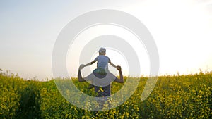 Family walk, men with boy on neck moving through field, daddy and children go by field with raised arms,