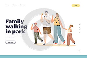 Family walk in park concept of landing page with parents and kids eating ice cream outdoors together