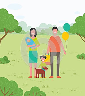 Family walk in park. Father holds balloons and bag. Mother with baby on her arms. Daughter and dog