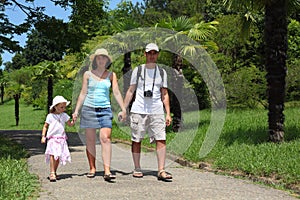 Family walk on road in Sochi arboretum photo