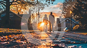 Family Walk at Sunset Time in the Suburbia