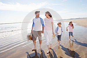 Family Walking Along Beach With Picnic Basket