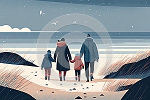 Family walking along in winter season in flat color