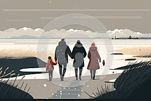 Family walking along in winter season in flat color