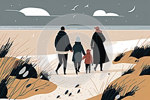 Family walking along in winter season in flat color