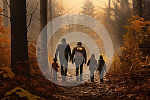 Family walking in autumn forest. Father, mother and children walking in nature, Faceless family walking hike through colorful