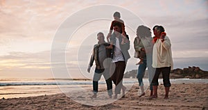 Family, walking on beach and generations with travel, ocean and sunset, people bonding with love and happiness in nature