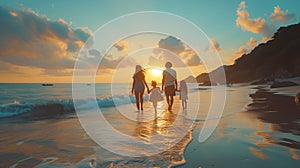 a family is walking on the beach at sunset