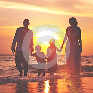 Family Walking Beach Sunset Travel Holiday Concept