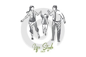 Family walking concept sketch. Isolated vector illustration