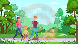 Family walking with dog. Man woman with kid go in park