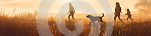 Family walking with dog on meadow field at the sunset. AI generative illustration