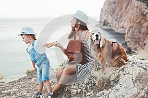 Family walking with dog