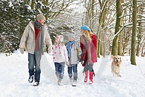 Familia el perro a través de nevado bosques 