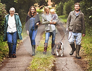 Family Walking Dog Togetherness Nature Concept