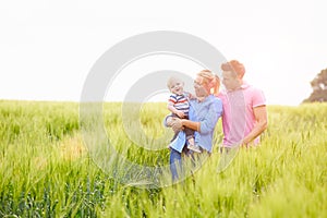 Family Walking In Field Carrying Young Baby Son