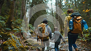 A family walking through a forest carrying reusable water bottles and wearing biodegradable shoes made from discarded