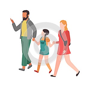 Family walking. Mom dad and child hold hands and walk in park, happy parents cartoon character relationships parenthood