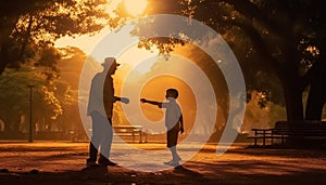 Family walking in nature, enjoying autumn vacations generated by AI