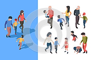 Family walking. Parents playing with kids happy family adolescent person garish vector isometric collection