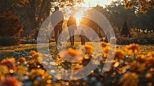 Family Walking Through Park at Sunset