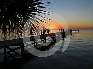 Family Walking on Pier Enjoying Sunset, Little Harbor Beach, Ruskin, Florida