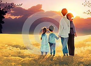 family walking by the setting sun
