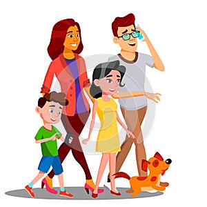 Family Walking, Spending Time Together Outdoor Vector. Isolated Illustration
