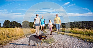 Family walking their dog on a dirt path