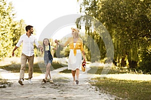 Family Walking Together Holding Hands In Nature Going On Picnic